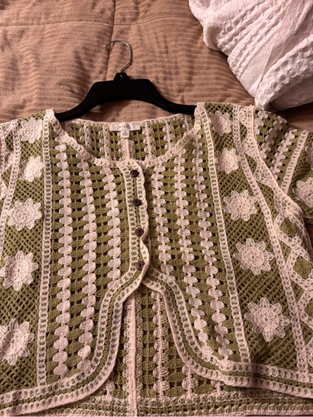 Miroh Crochet Button-Up Cardigan - Olive Green & Cream